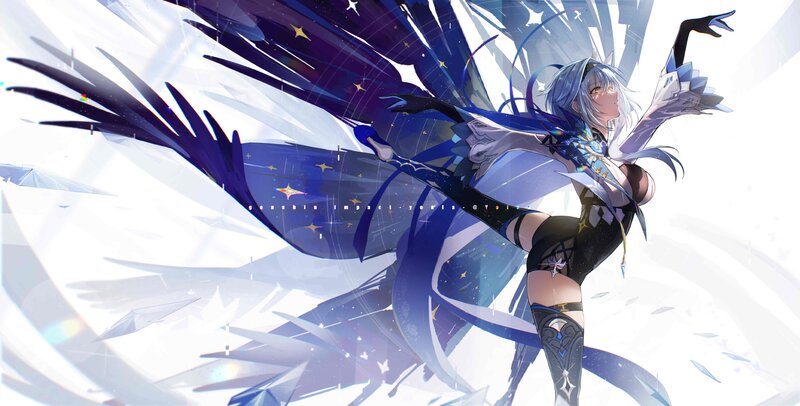 Anime Character with Wings — Blue, Dramatic, Digital Art, Stars