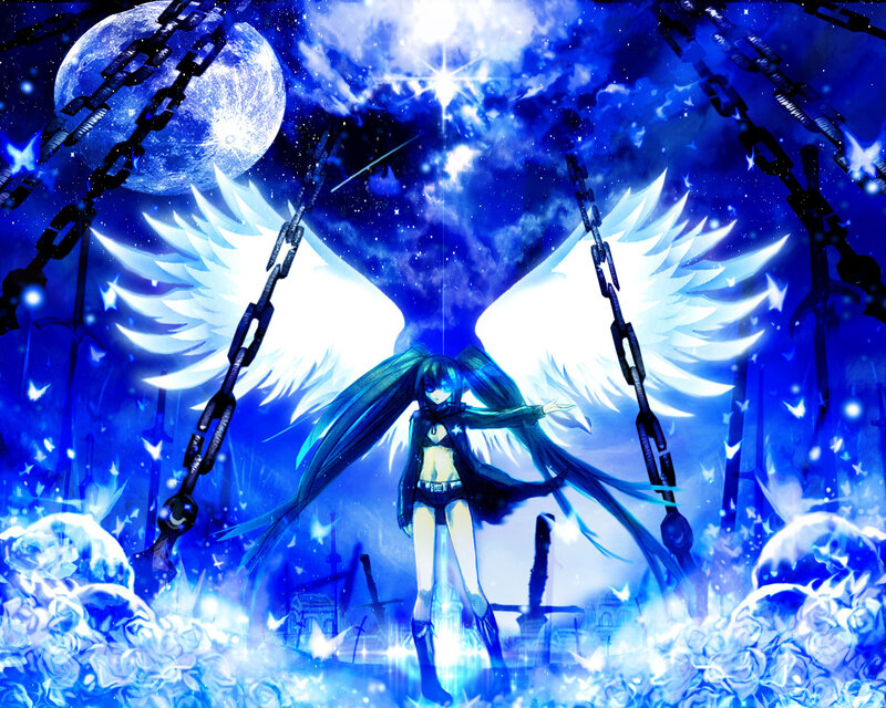 Anime Character with Wings — Blue, Dramatic, Night, Digital Art, Chains, Moon