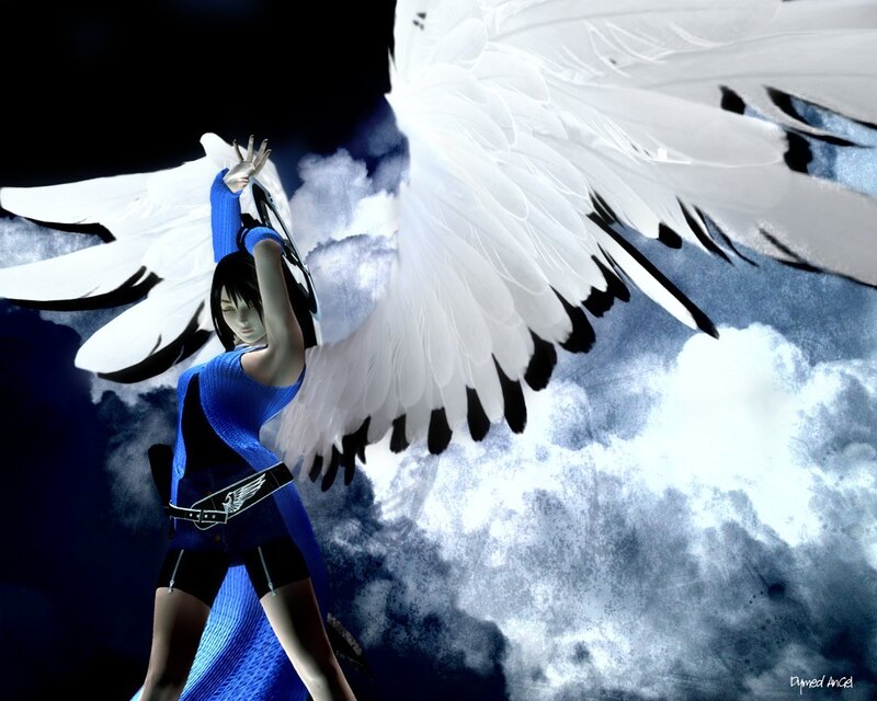 Anime Character with Wings — Blue, Dramatic, Night, Digital Art, Clouds, Blue Outfit