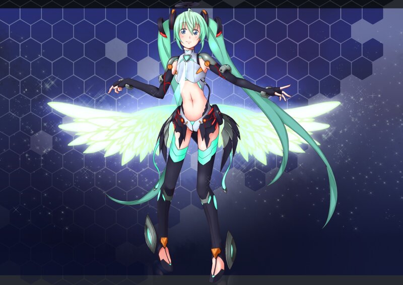 Anime Character with Wings — Blue, Dramatic, Night, Digital Art, Hexagonal Pattern