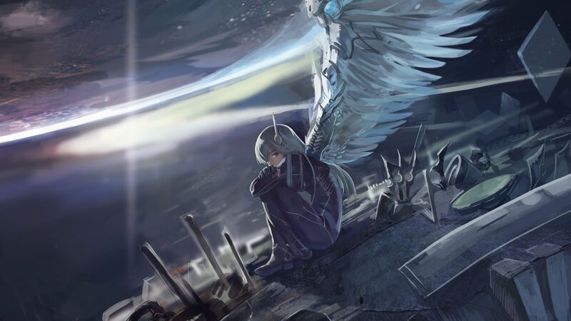 Anime Character with Wings — Blue, Dramatic, Night, Digital Art, Mecha