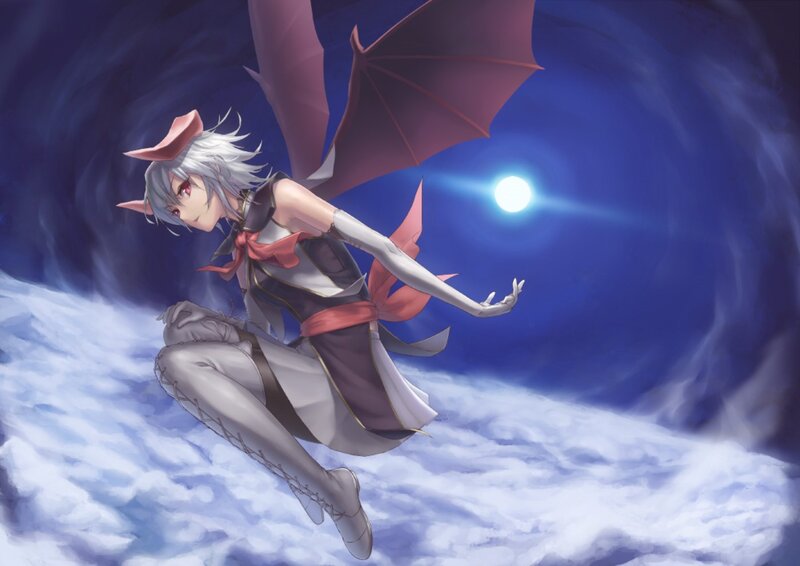 Anime Character with Wings — Blue, Dramatic, Night, Digital Art, Moon, Clouds