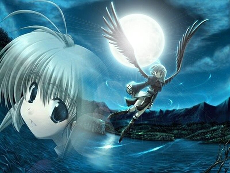 Anime Character with Wings — Blue, Dramatic, Night, Digital Art, Moon, Water, Mountains