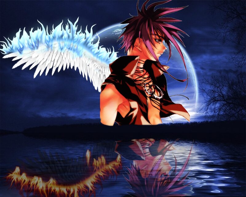 Anime Character with Wings — Blue, Dramatic, Night, Digital Art, Moon, Water