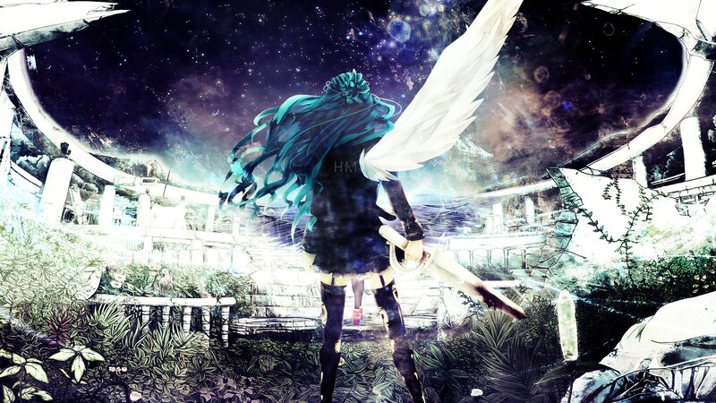 Anime Character with Wings — Blue, Dramatic, Night, Digital Art, Sword, Ruins
