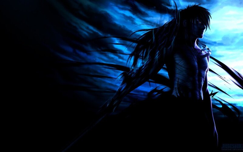 Anime Character with Wings — Blue, Dramatic, Night, Digital Art, Sword