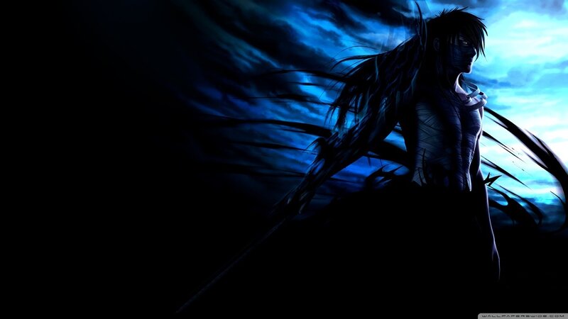 Anime Character with Wings — Blue, Dramatic, Night, Sword, Sky