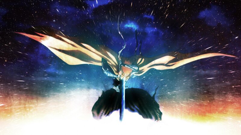 Anime Character with Wings — Blue, Dramatic, Night, Sword, Stars