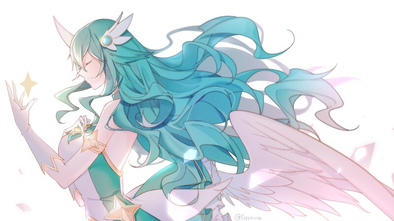 Anime Character with Wings — Blue, Serene, Digital Art, Long Hair, Star