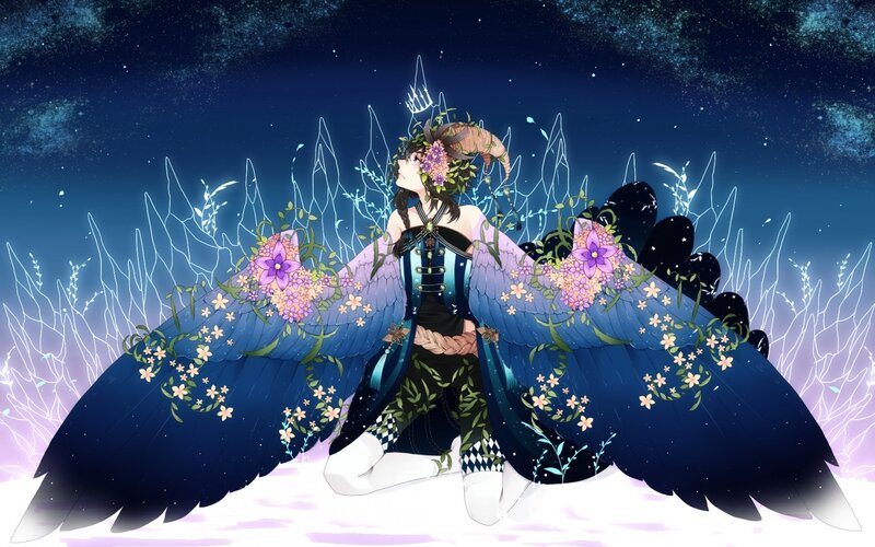 Anime Character with Wings — Blue, Serene, Night