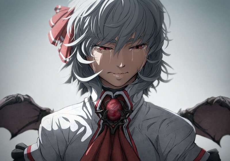 Anime Character with Wings — Gray, Dramatic, Digital Art, Tears