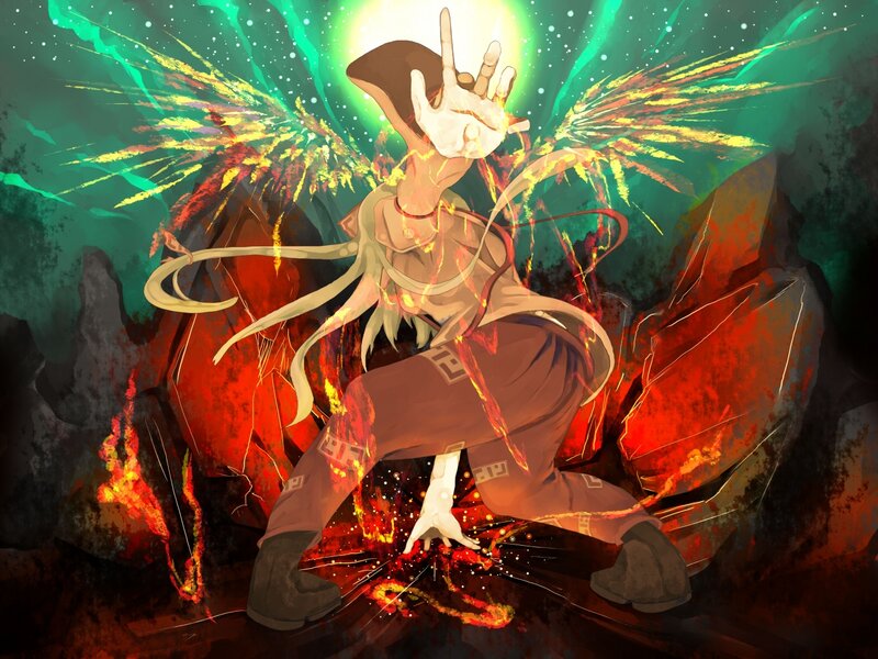 Anime Character with Wings — Green, Dramatic, Digital Art, Fire