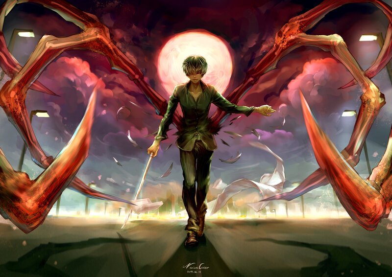 Anime Character with Wings — Green, Dramatic, Night, Digital Art, Sword, Red Wings