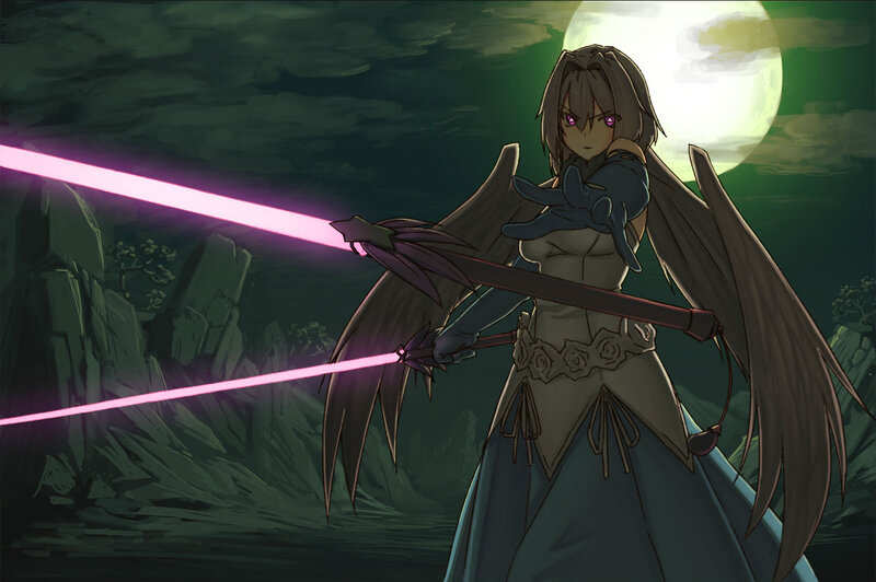 Anime Character with Wings — Green, Dramatic, Night, Digital Art, Sword