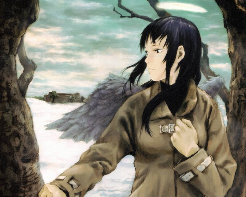 Anime character with wings in snowy landscape
