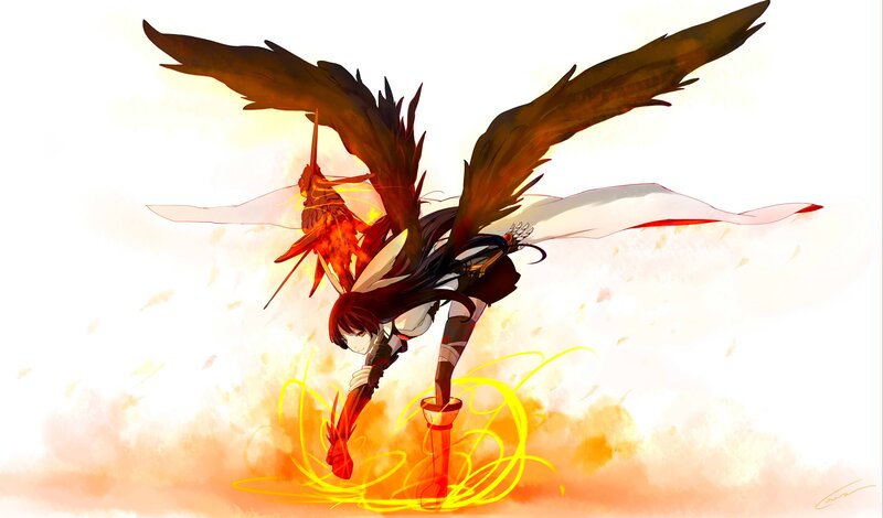 Anime Character with Wings — Orange, Dramatic, Digital Art