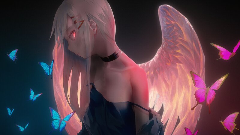 Anime Character with Wings — Pink, Dramatic, Night