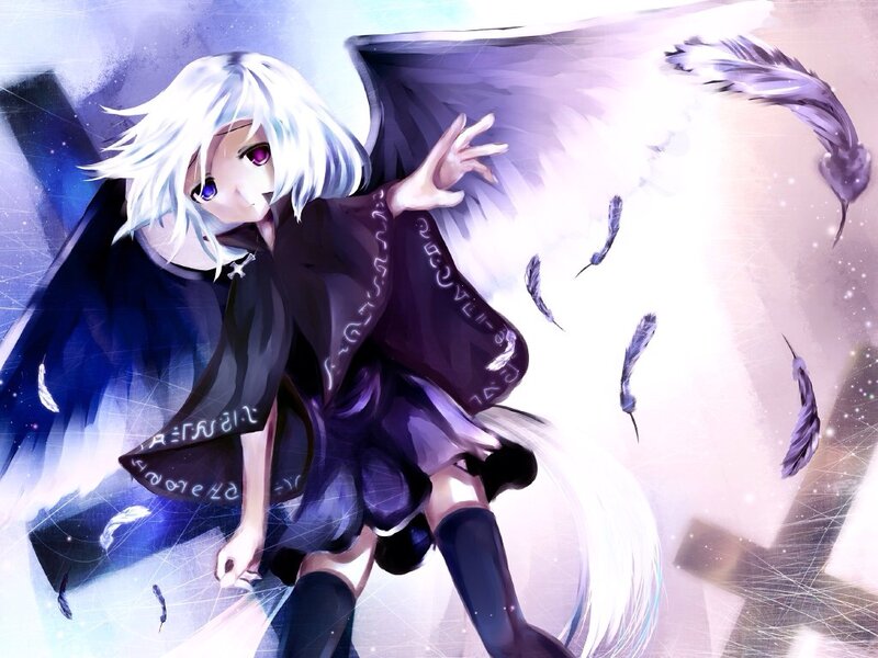 Anime Character with Wings — Purple, Dramatic, Digital Art, Feathers
