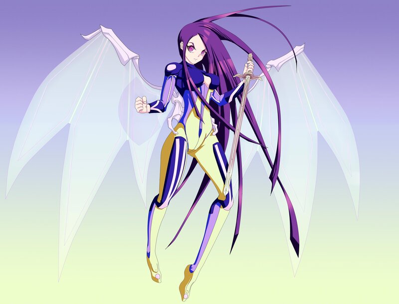 Anime Character with Wings — Purple, Dramatic, Digital Art, Sword, Long Hair