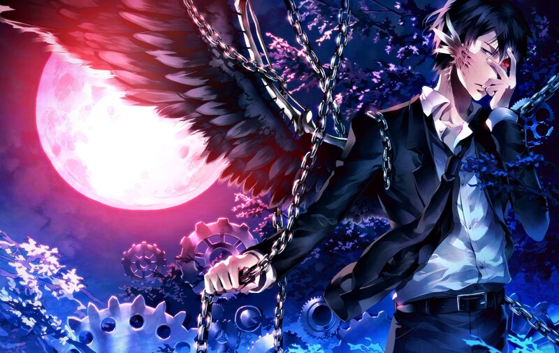 Anime Character with Wings — Purple, Dramatic, Night, Digital Art, Chains