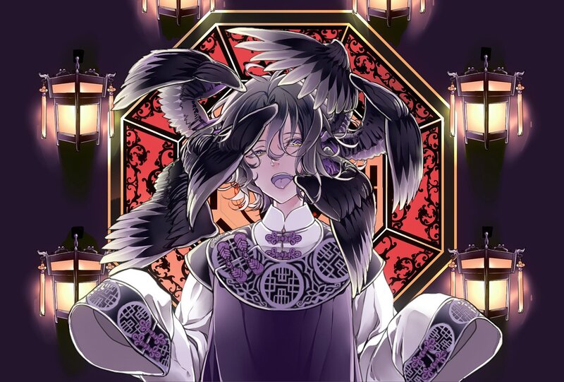 Anime Character with Wings — Purple, Dramatic, Night, Digital Art, Lanterns