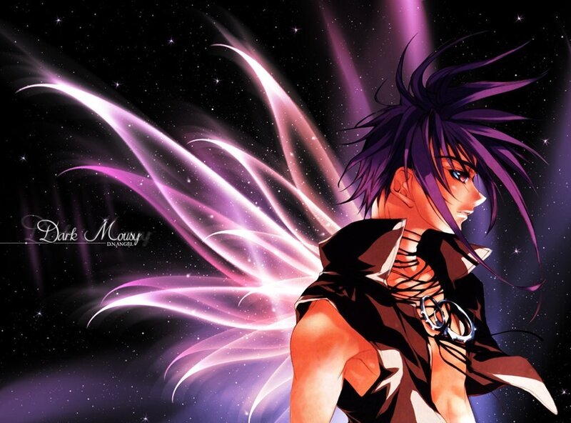 Anime Character with Wings — Purple, Dramatic, Night, Stars, Spiky Hair