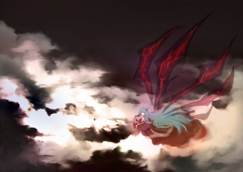 Anime Character with Wings — Red, Dramatic, Digital Art, Clouds