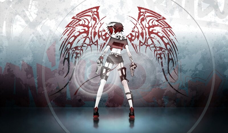 Anime Character with Wings — Red, Dramatic, Digital Art, Guns, Tattoos