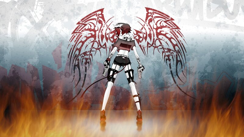 Anime Character with Wings — Red, Dramatic, Digital Art, Guns
