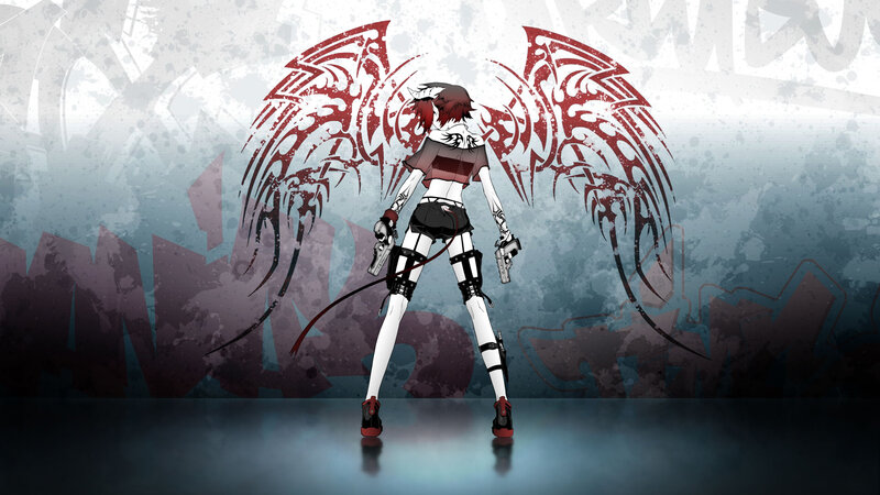 Anime Character with Wings — Red, Dramatic, Digital Art, Pistols