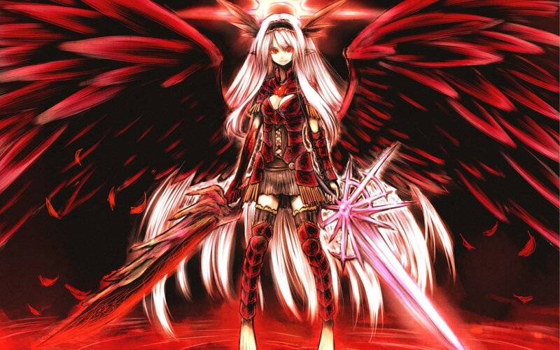 Anime Character with Wings — Red, Dramatic, Digital Art, Sword