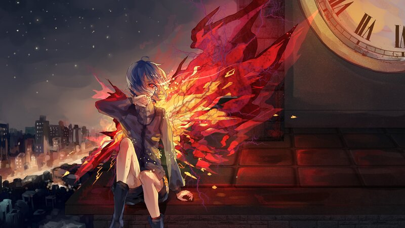 Anime Character with Wings — Red, Dramatic, Night, Digital Art, Cityscape