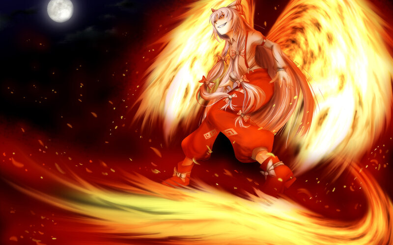 Anime Character with Wings — Red, Dramatic, Night, Digital Art, Fire, Moon