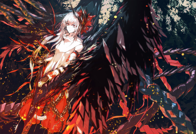 Anime Character with Wings — Red, Dramatic, Night, Digital Art, Fire, Sparkles