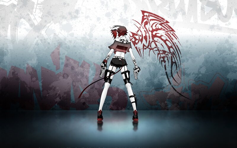 Anime Character with Wings — White, Dramatic, Digital Art, Guns, Tattoo