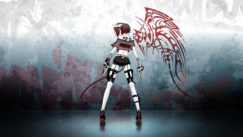 Anime Character with Wings — White, Dramatic, Digital Art, Guns, Tattoos, Graffiti