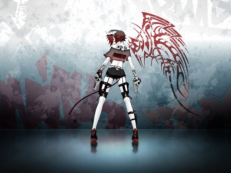 Anime Character with Wings — White, Dramatic, Digital Art, Guns, Tattoos