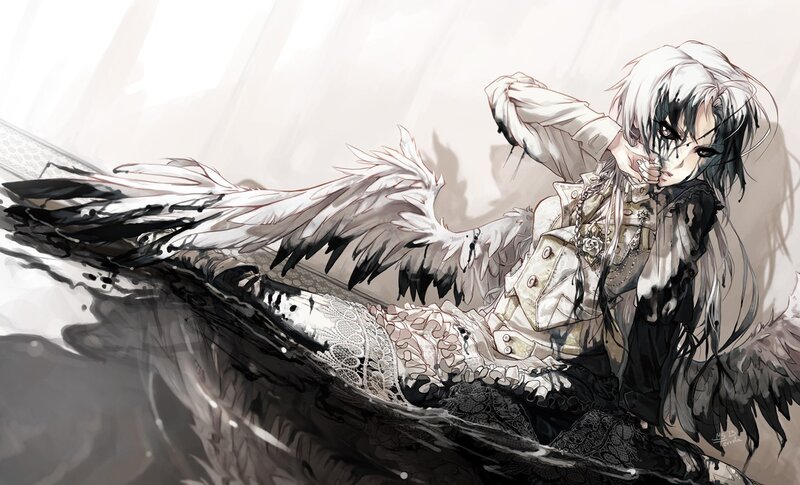 Anime Character with Wings — White, Dramatic, Digital Art, Lace, Dark Feathers