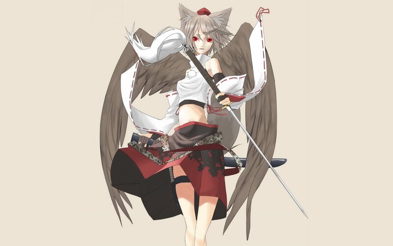 Anime Character with Wings — White, Dramatic, Digital Art, Sword, Red Eyes