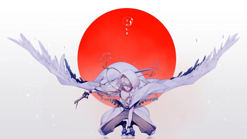 Anime Character with Wings — White, Dramatic, Digital Art, Sword, Red Sun