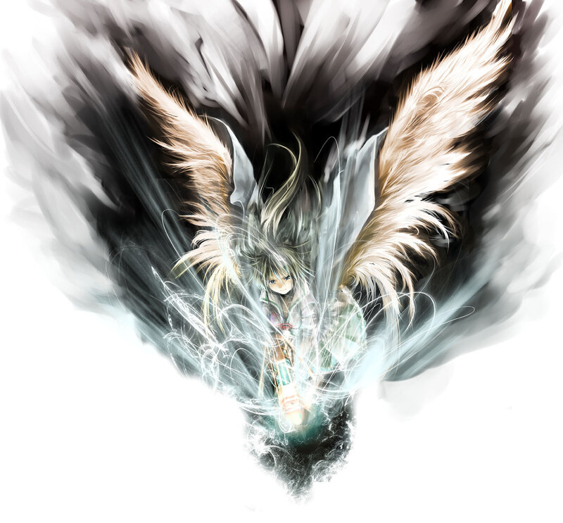 Anime Character with Wings — White, Dramatic, Digital Art