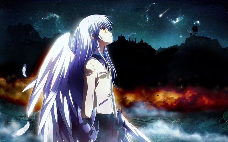 Anime Character with Wings — White, Dramatic, Night, Meteor, Mountains