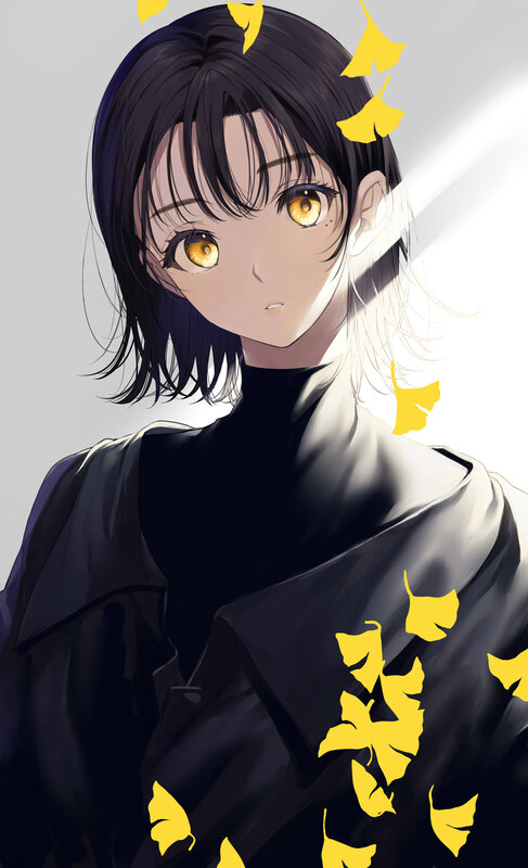 Anime Character with Yellow Eyes — Black, Dramatic, Autumn