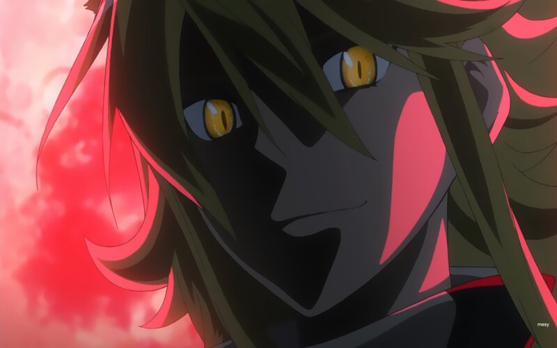 Anime Character with Yellow Eyes — Black, Dramatic, Red Background