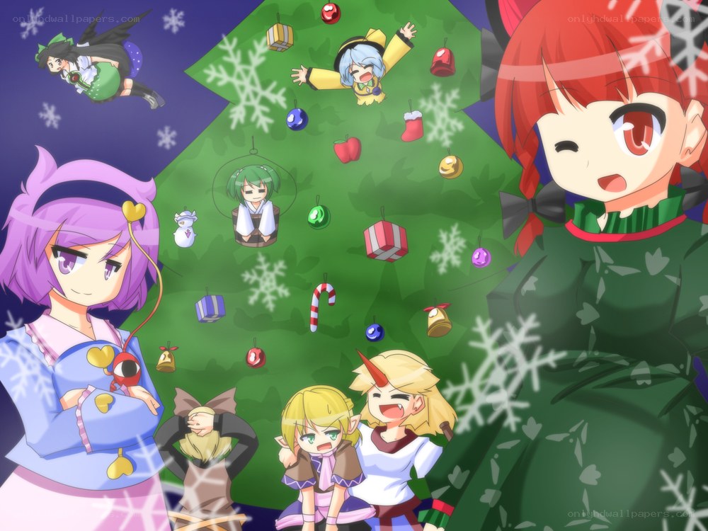 Anime characters around a Christmas tree