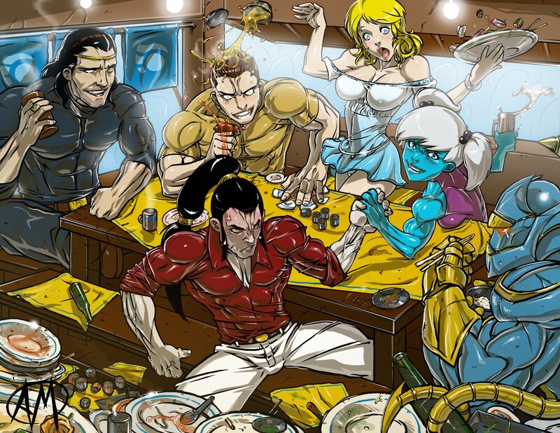anime characters at a bar