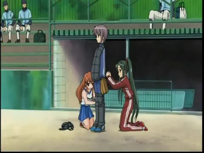 Anime characters at a baseball field