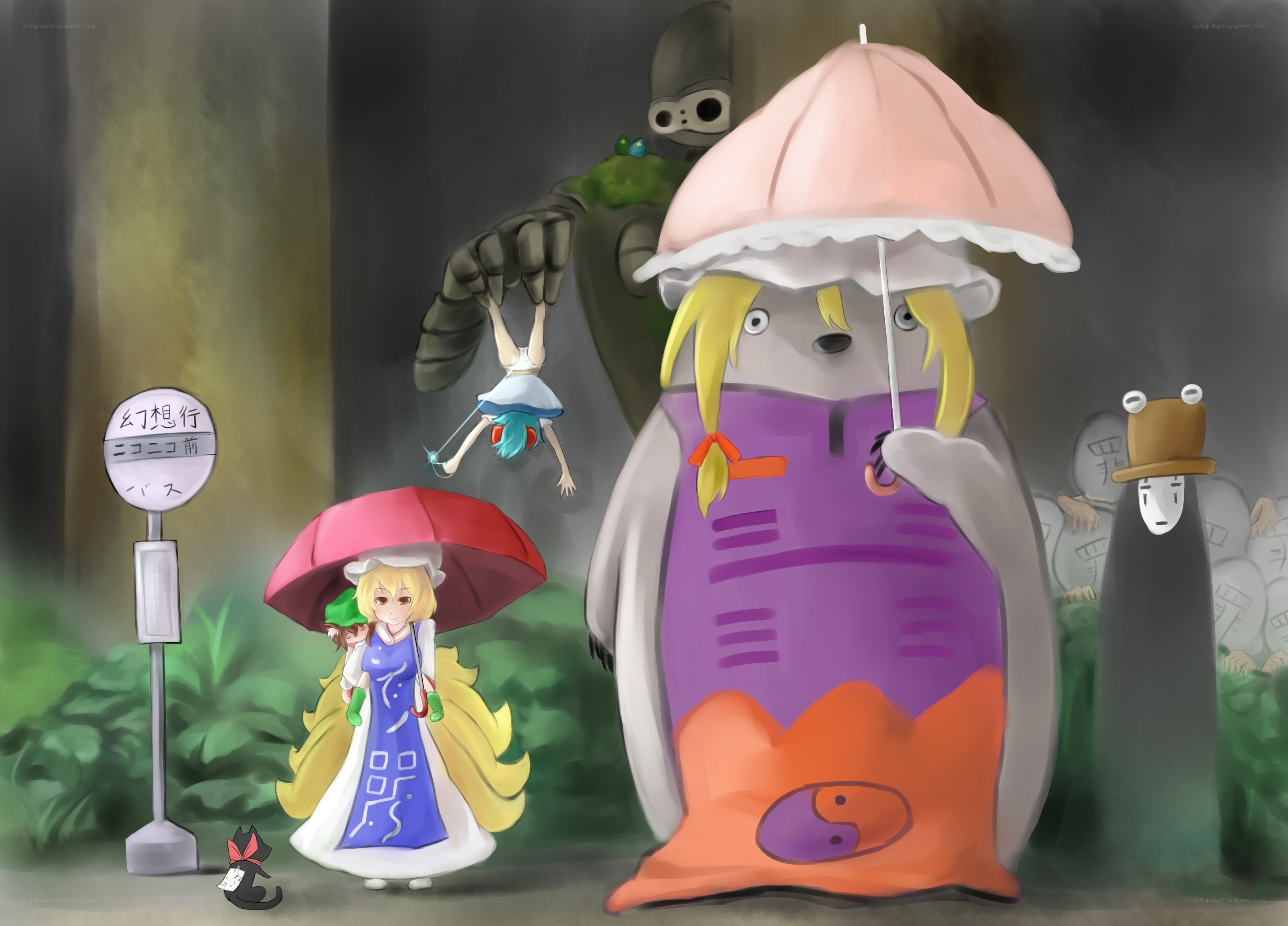 Anime characters at a bus stop