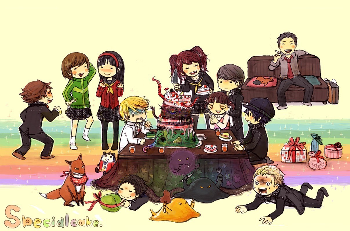 Anime characters at a cake party