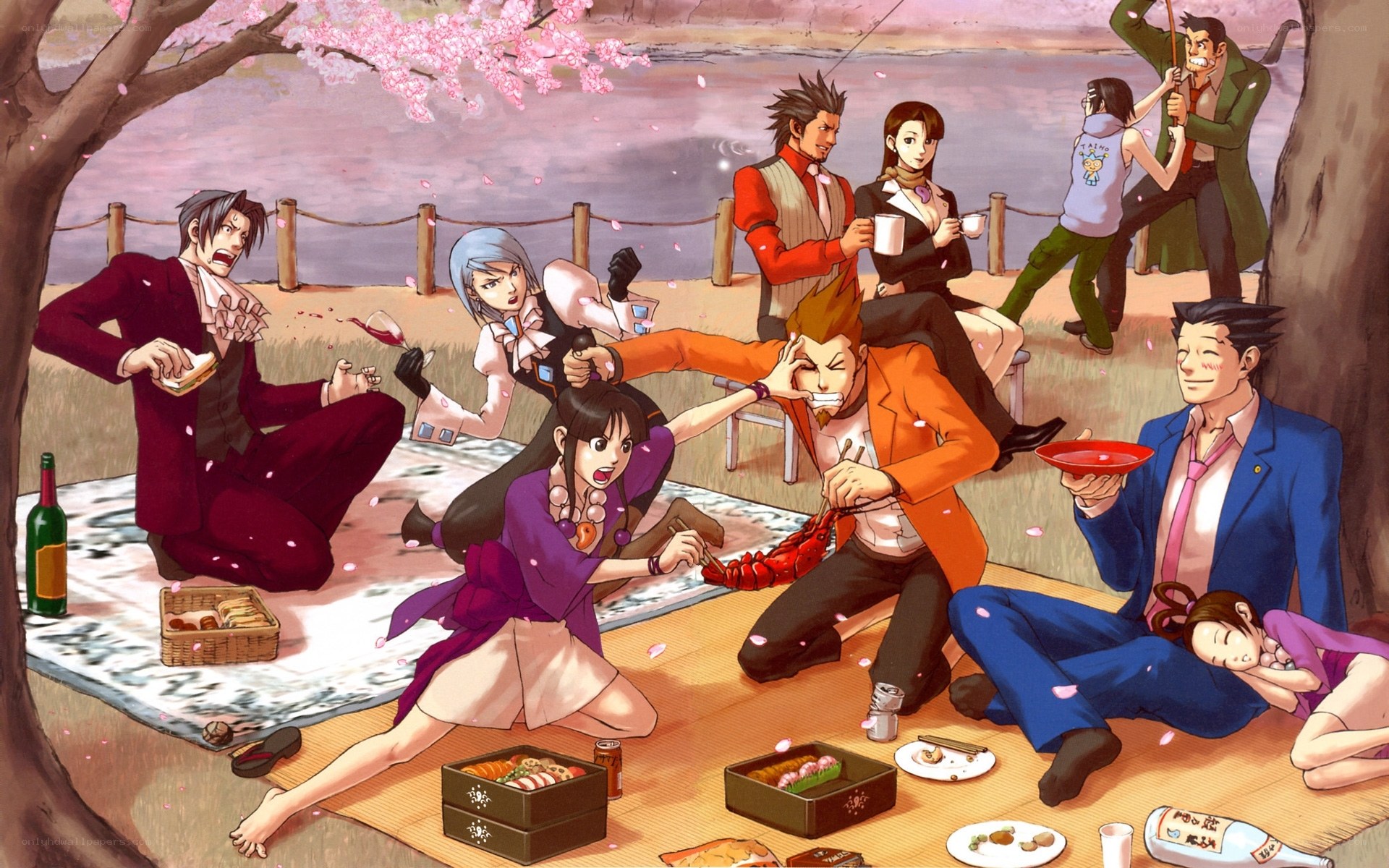 Anime characters at a chaotic picnic